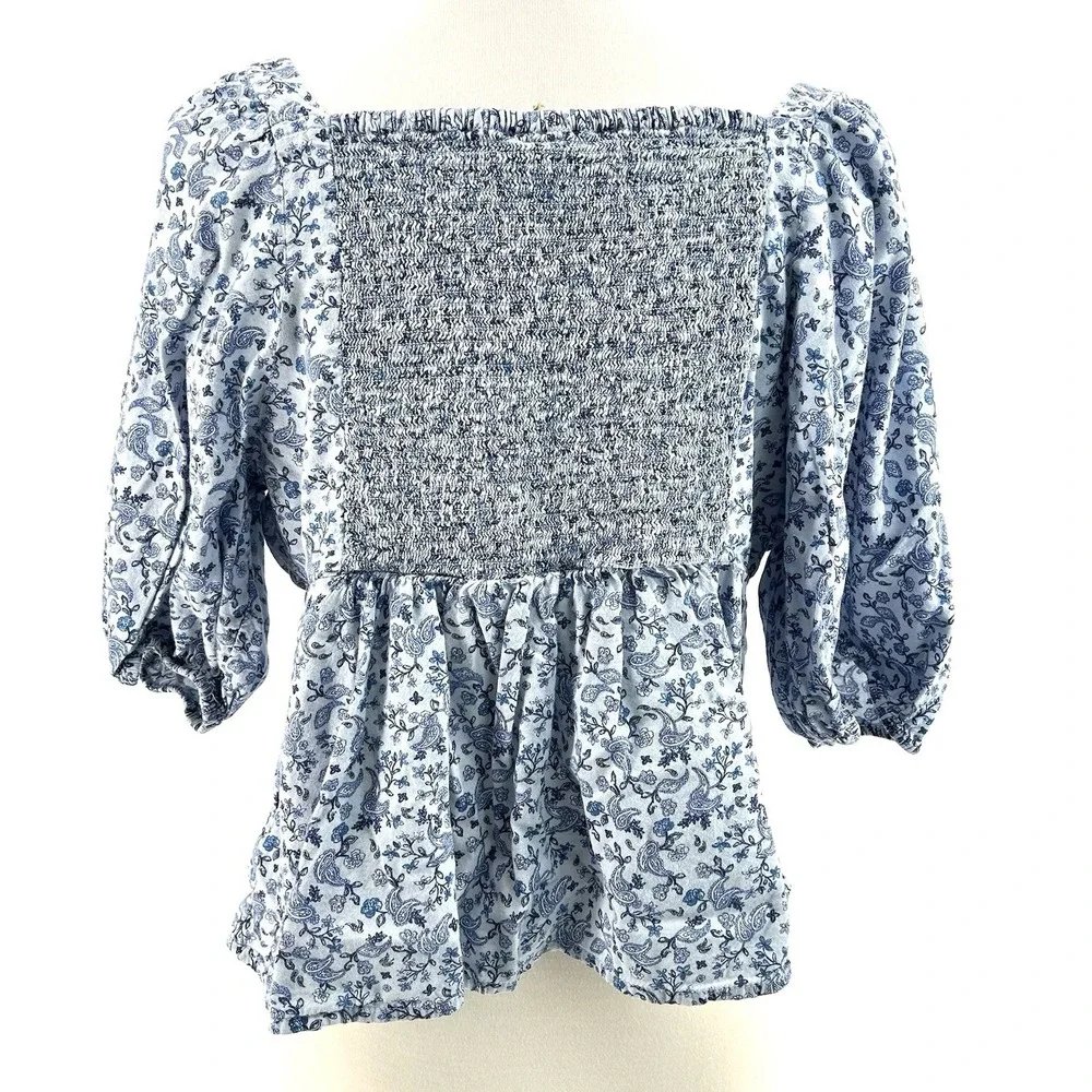 Cottagecore Blue Floral Peasant Top L Petite‎ Puff Sleeve Milkmaid Boho Romantic
